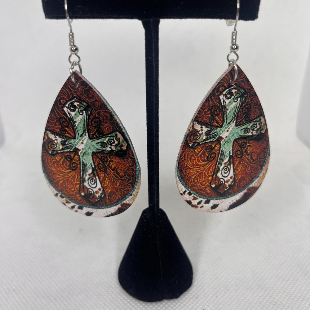 Teardrop shaped vintage distressed cross earrings
